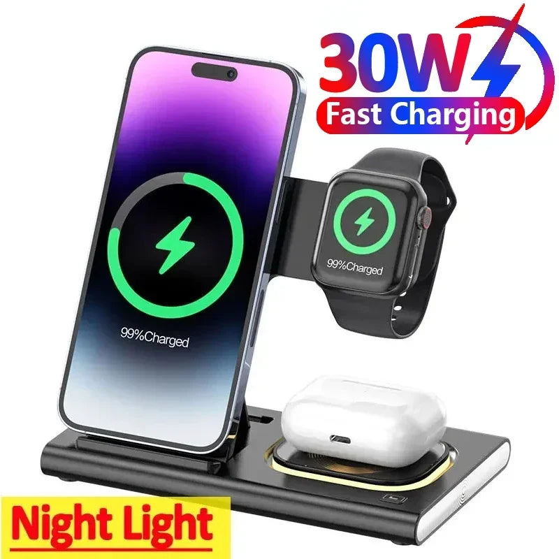 30W 3-in-1 Foldable Fast Charging Dock Station for iPhone 15/14/13/12 Pro Max, Apple Watch Series 8/7/6, and AirPods - Wireless Charger