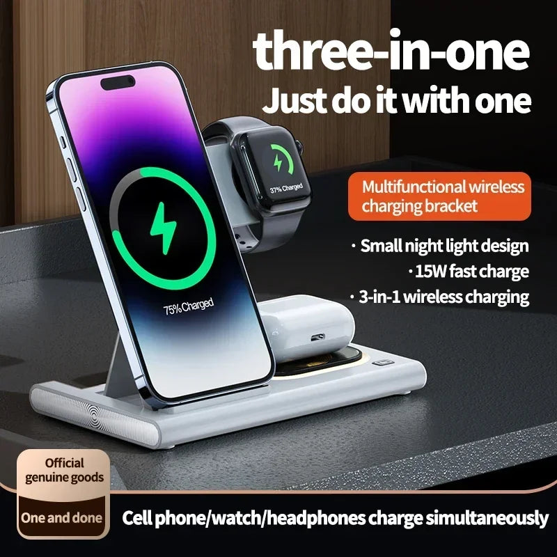 30W 3-in-1 Foldable Fast Charging Dock Station for iPhone 15/14/13/12 Pro Max, Apple Watch Series 8/7/6, and AirPods - Wireless Charger