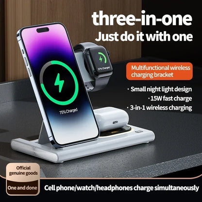 30W 3-in-1 Foldable Fast Charging Dock Station for iPhone 15/14/13/12 Pro Max, Apple Watch Series 8/7/6, and AirPods - Wireless Charger