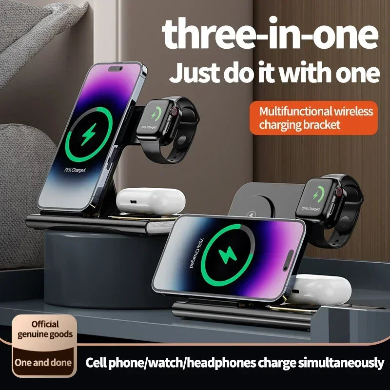 30W 3-in-1 Foldable Fast Charging Dock Station for iPhone 15/14/13/12 Pro Max, Apple Watch Series 8/7/6, and AirPods - Wireless Charger