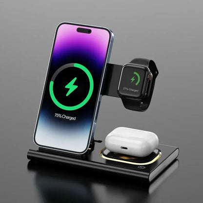30W 3-in-1 Foldable Fast Charging Dock Station for iPhone 15/14/13/12 Pro Max, Apple Watch Series 8/7/6, and AirPods - Wireless Charger